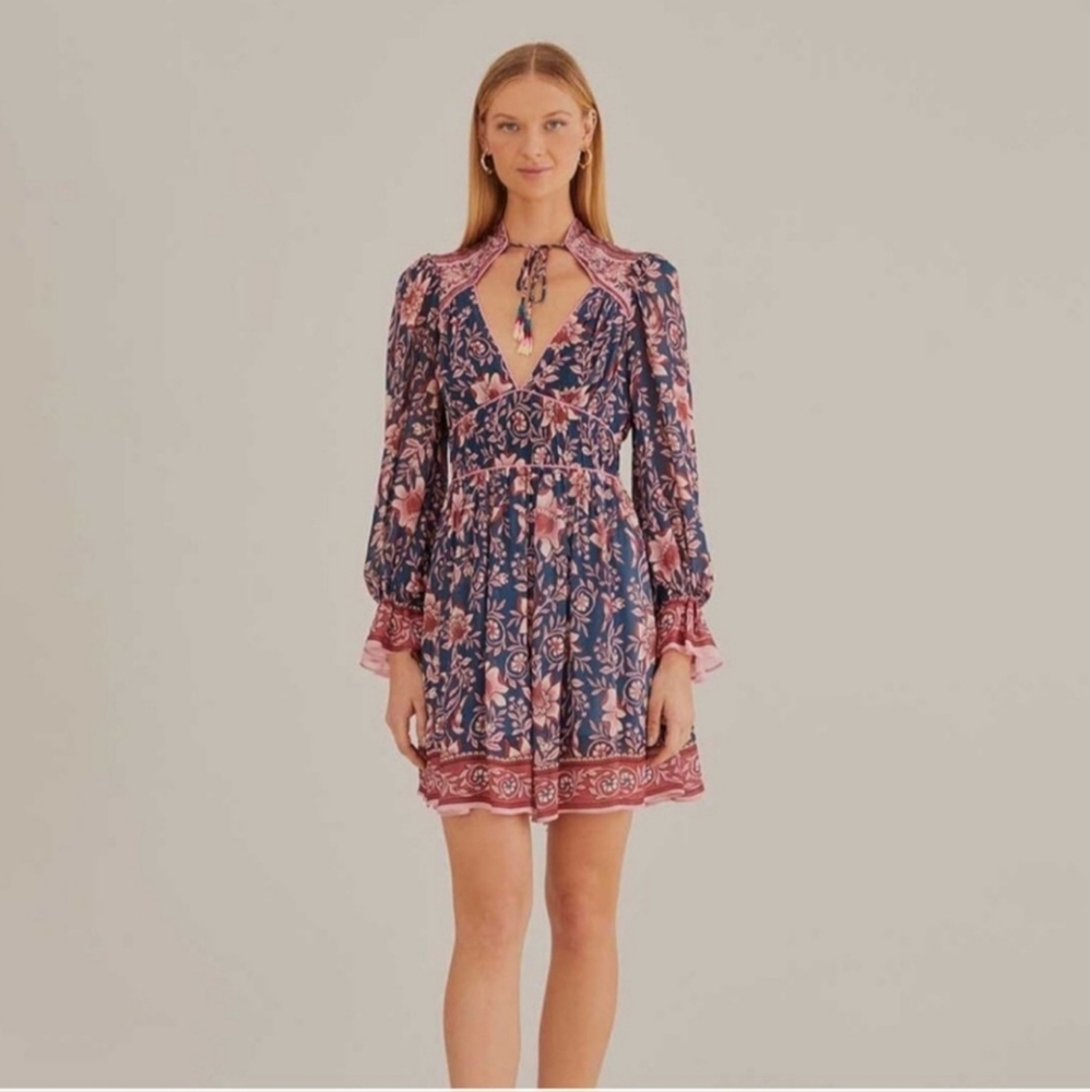 Farm Rio Anthropologie Size Small Teal Ainika Charm Long Sleeve Mini Dress